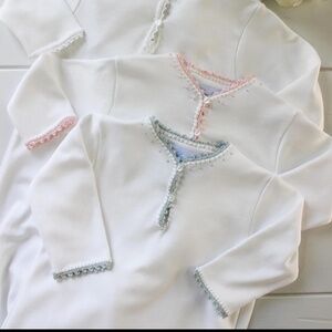 Pixie Lily Gown with Drawstring & Blue Crochet Trim 0-3M